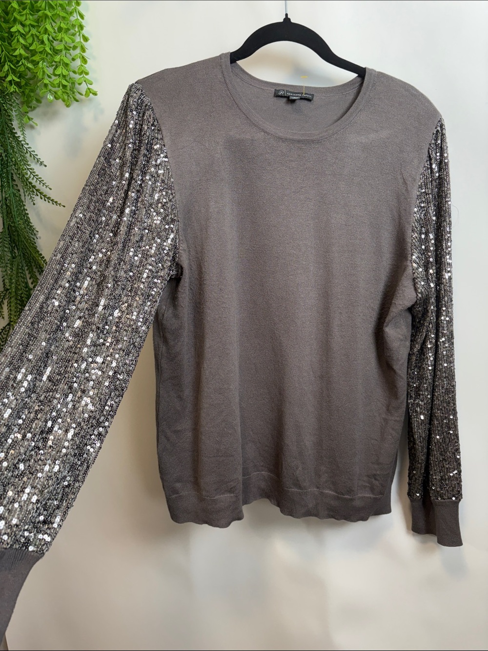 Adrianna Papell Gray Pullover Sweater with Sequin Knit Sleeves